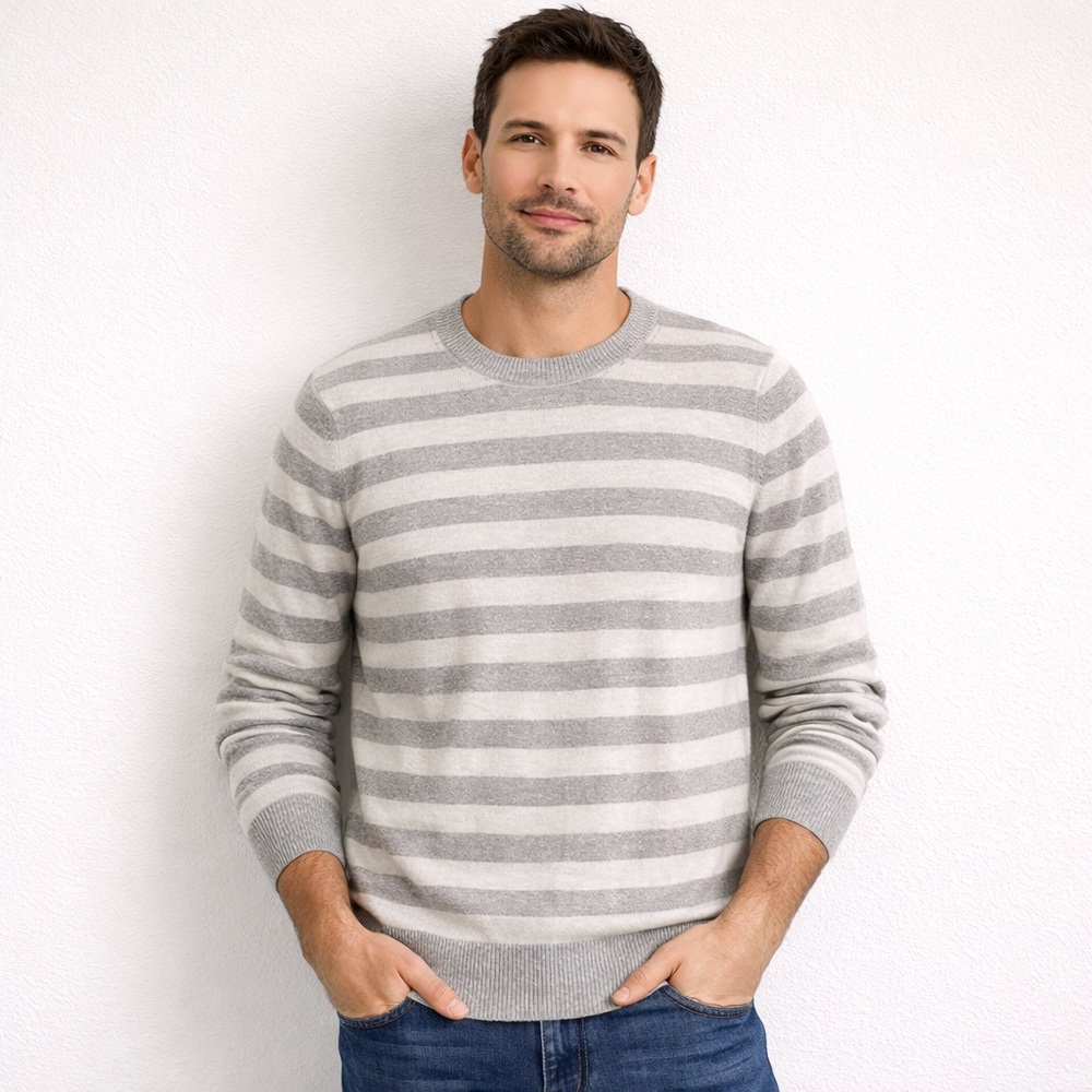 Banana Republic Mens XL Tall Ivory Gray Stripes Cotton Cashmere Pullover Sweater